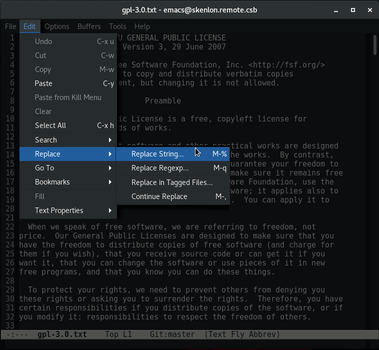 Selecting the menu item to replace a string in GNU Emacs.